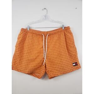 Y2K Tommy Hilfiger Swim Trunk Shorts Men's Size L Orange Seersucker Cotton Flag